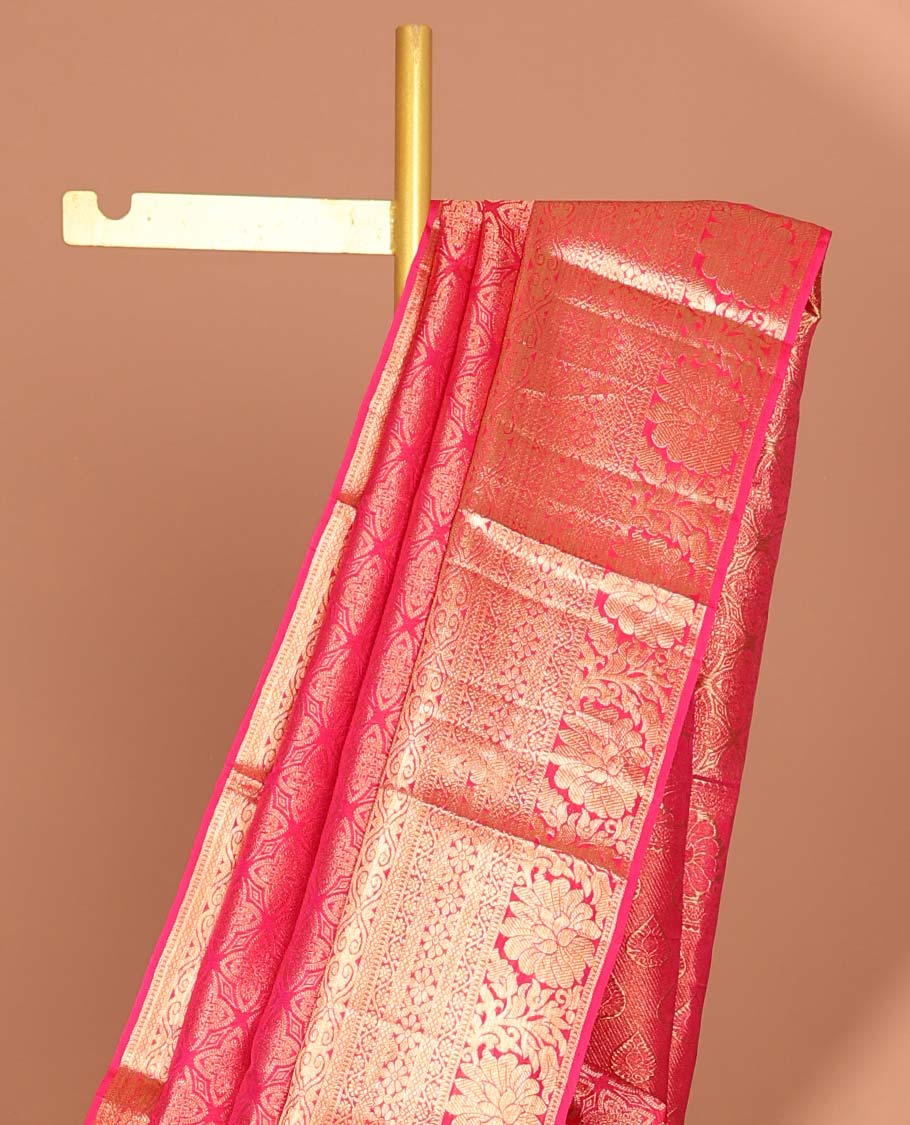 Red checked kancheepuram silk saree with self zari design border & floral zari design pallu