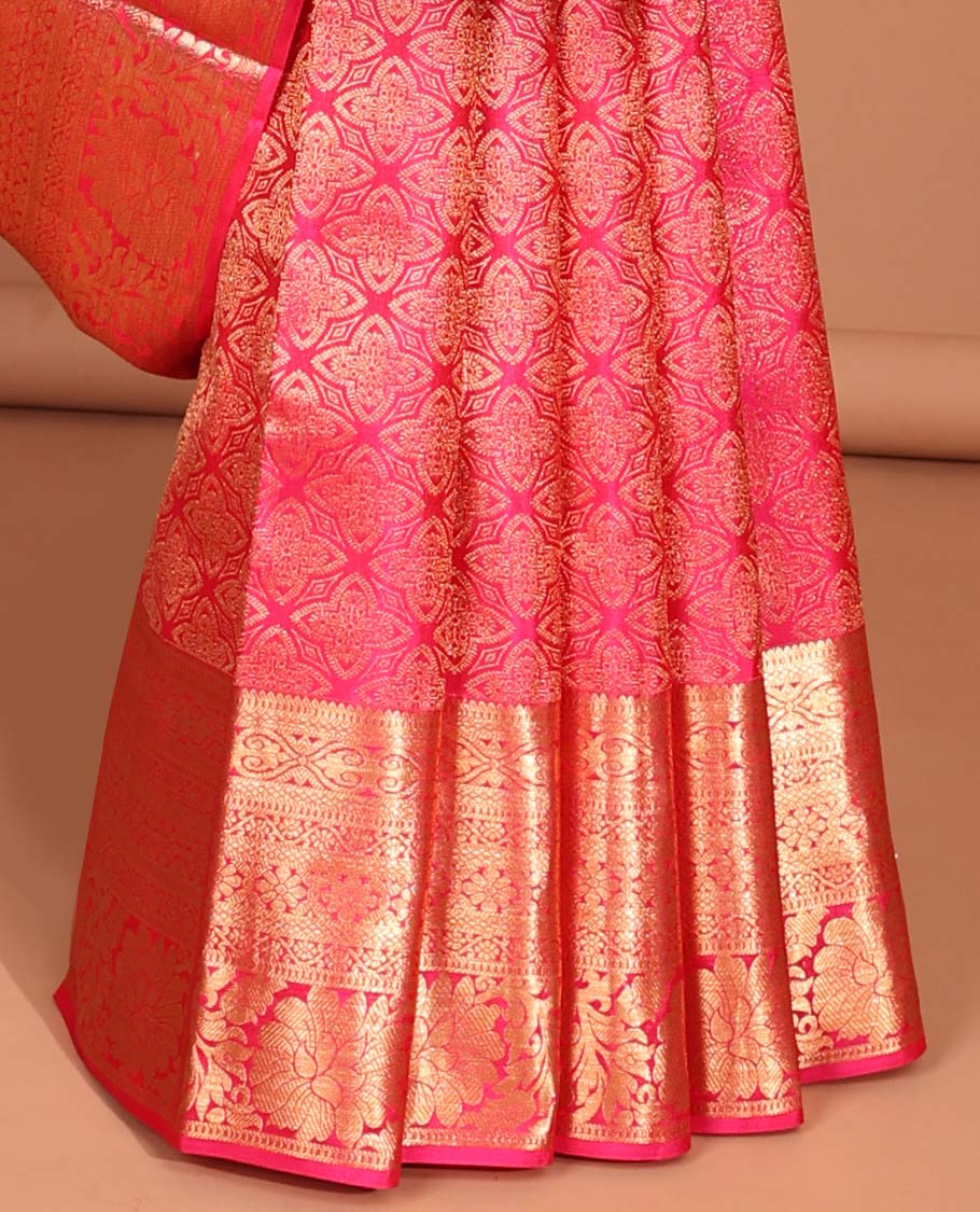 Red checked kancheepuram silk saree with self zari design border & floral zari design pallu