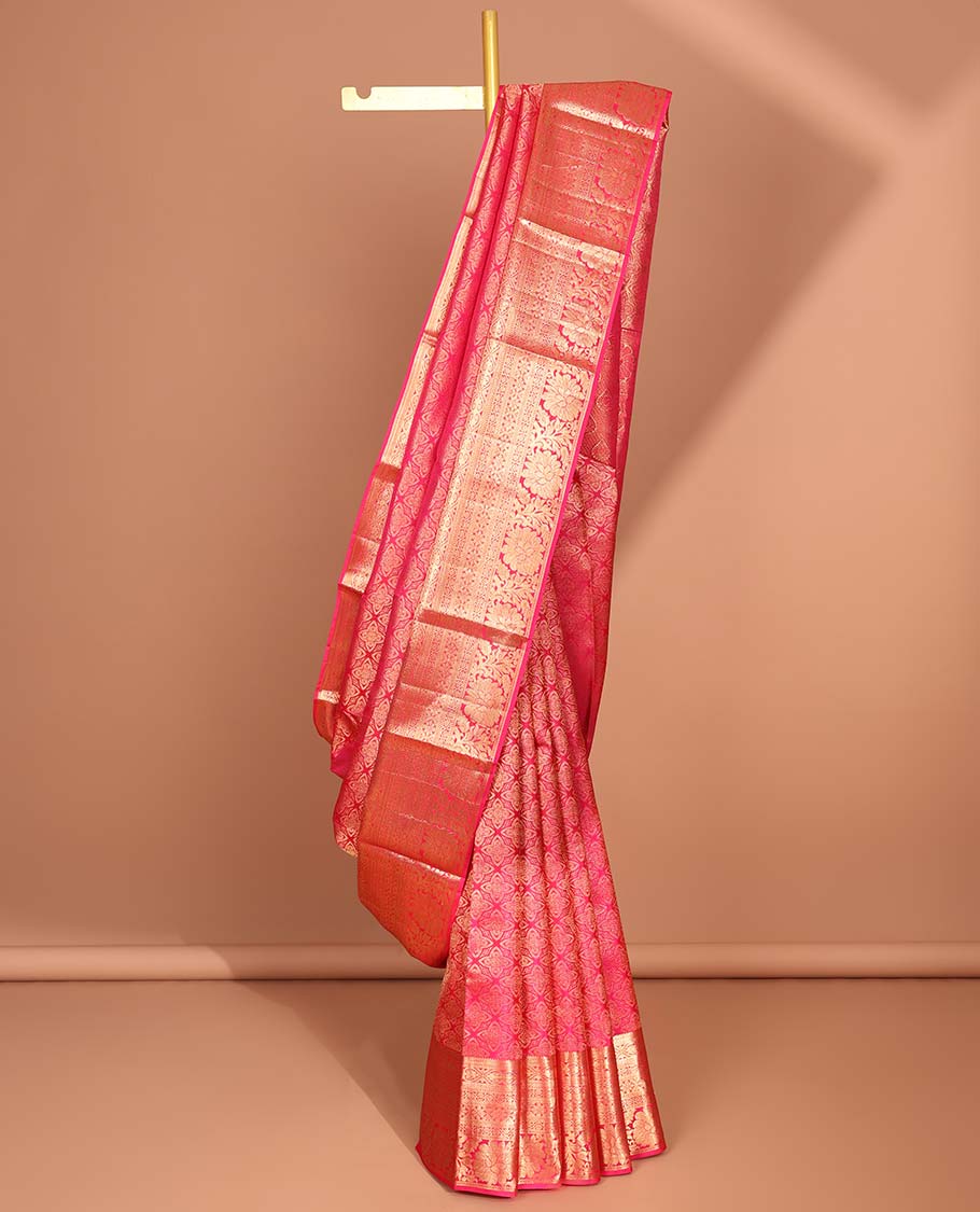 Red checked kancheepuram silk saree with self zari design border & floral zari design pallu