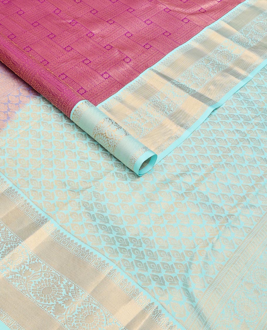 Maroon jacquard kanchipuram wedding silk saree, contrast border of thilakam, muthu, diamond & kodi visiry & zari design enriched pallu