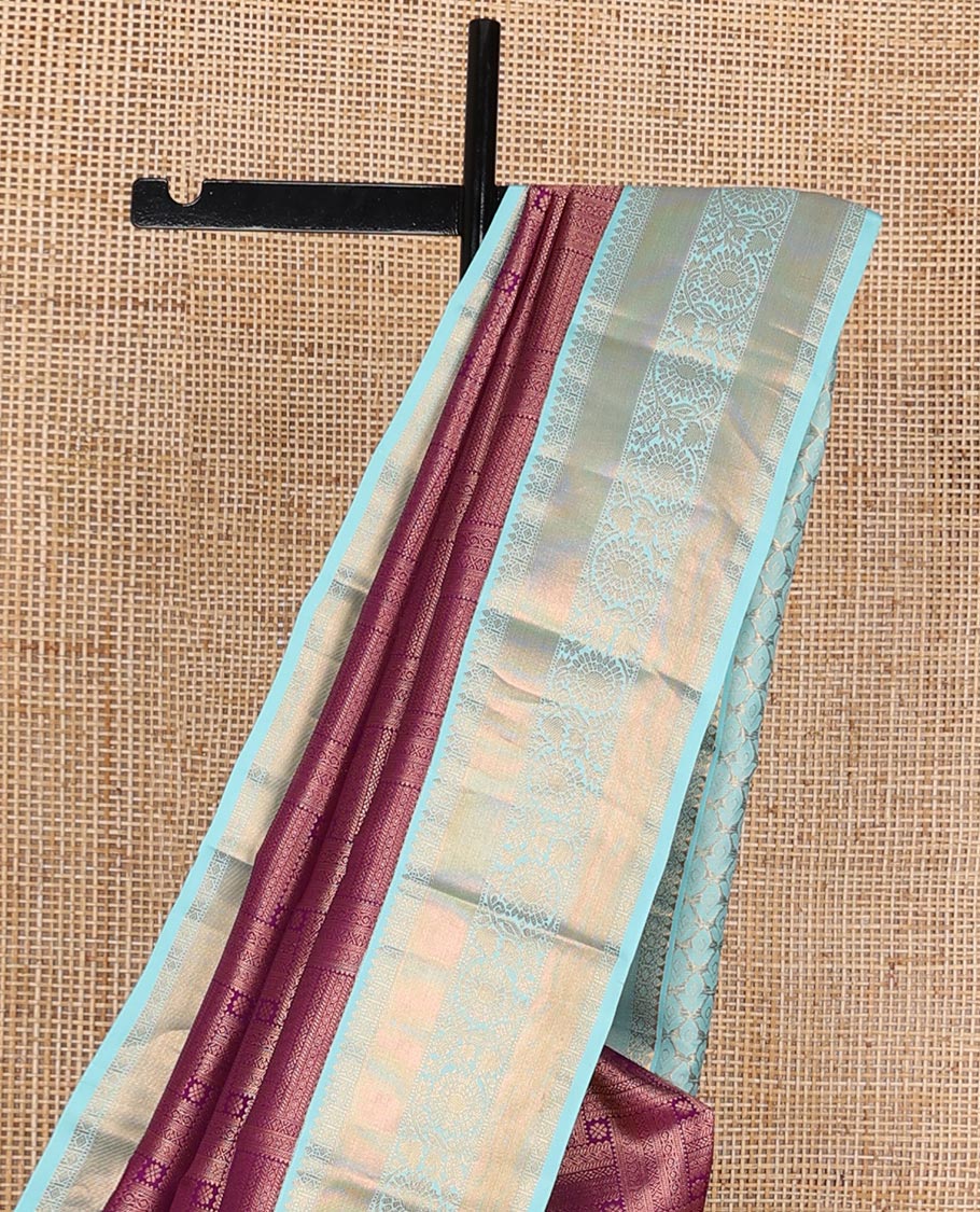 Maroon jacquard kanchipuram wedding silk saree, contrast border of thilakam, muthu, diamond & kodi visiry & zari design enriched pallu
