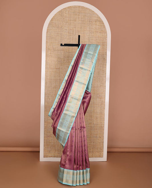Maroon jacquard kanchipuram wedding silk saree, contrast border of thilakam, muthu, diamond & kodi visiry & zari design enriched pallu