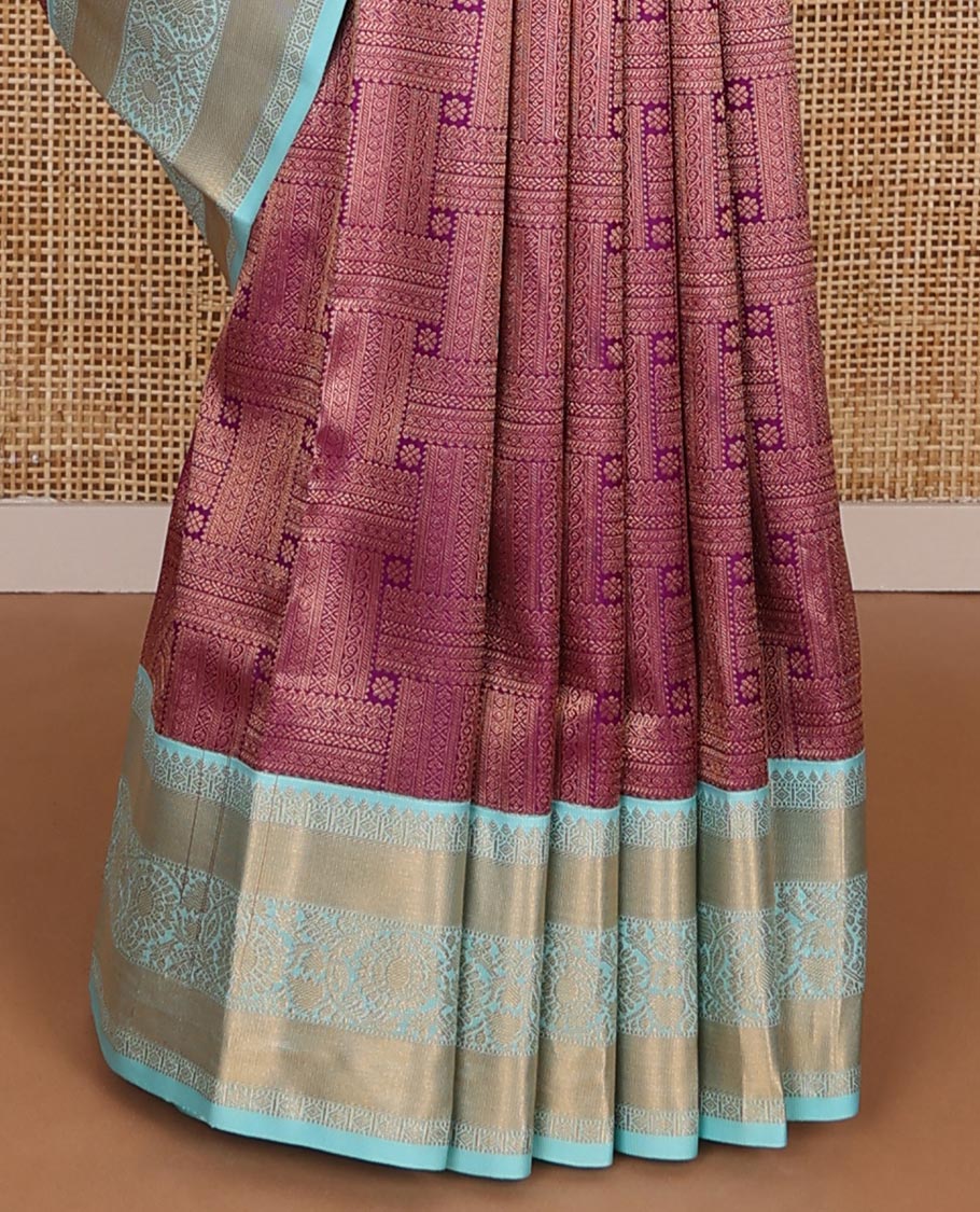 Maroon jacquard kanchipuram wedding silk saree, contrast border of thilakam, muthu, diamond & kodi visiry & zari design enriched pallu
