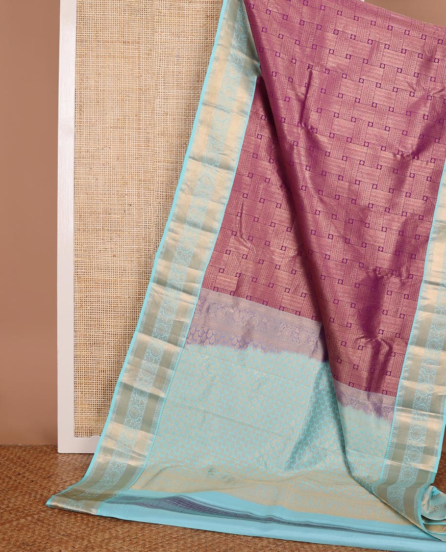 Maroon jacquard kanchipuram wedding silk saree, contrast border of thilakam, muthu, diamond & kodi visiry & zari design enriched pallu