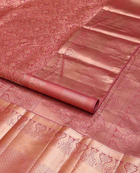 Red jacquard wedding silk saree, zari border of rekku,Muthu,kazhugu & jaal design & zari embellished pallu