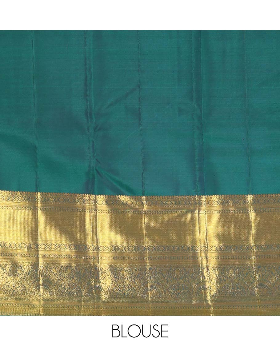 Green floral jacquard wedding silk saree, traditional zari border of thilakam mokku, kamalam, and mayil kann, and jaal pallu