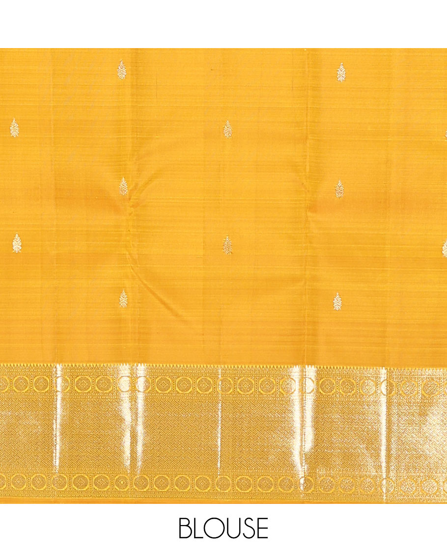 Yellow jacquard kanchipuram silk saree, zari border of rekku, neli, rudraksham, and jaal designs, and jaal pallu