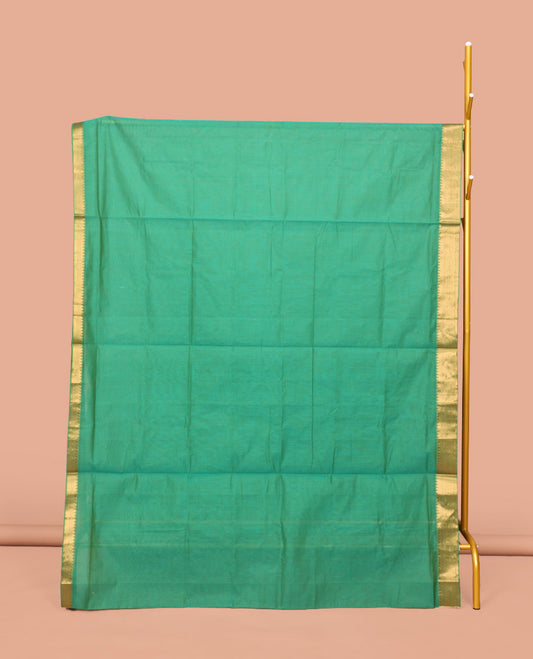 Green Sparsely Striped Mangalgiri Cotton Saree, Highlighted by a Zari Border, Gleaming Zari-Striped Pallu, and Paired with a Matching Blouse