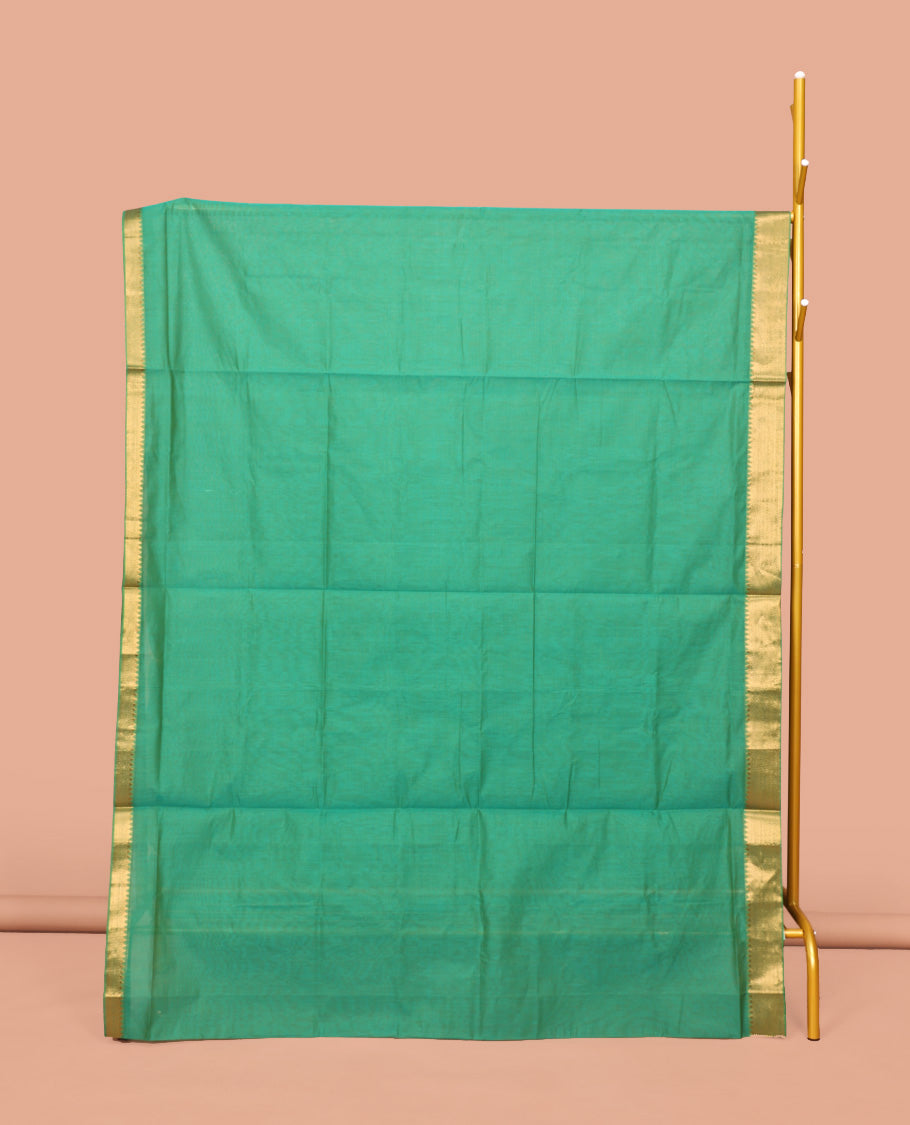 Green Sparsely Striped Mangalgiri Cotton Saree, Highlighted by a Zari Border, Gleaming Zari-Striped Pallu, and Paired with a Matching Blouse
