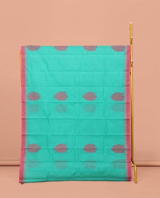 Turquoise Kanchi Cotton Saree, Decked Up with Tree Motifs All Over Its Body, Complemented by Contrast Border, Pallu of Stripes and Flower-vase Motifs , and Paired with a Matching Blouse