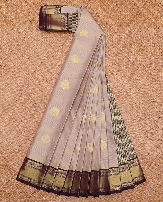Grey zari buttas gift saree, contrast traditional zari border, and jaal pallu