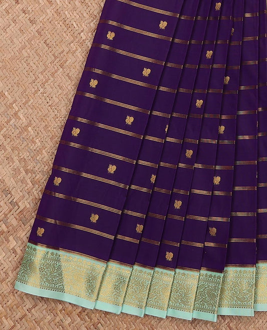 Violet striped and peacock buttas gift saree, contrast traditional zari design border, and jaal pallu