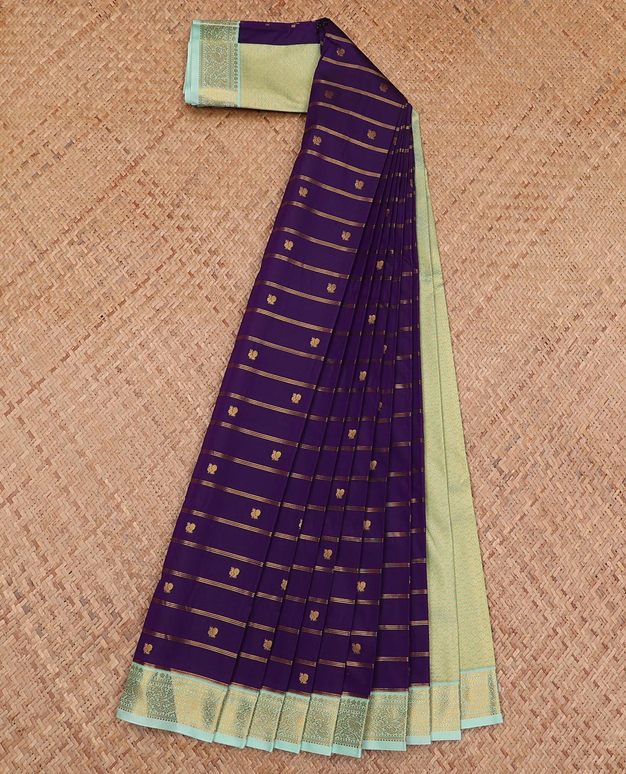 Violet striped and peacock buttas gift saree, contrast traditional zari design border, and jaal pallu
