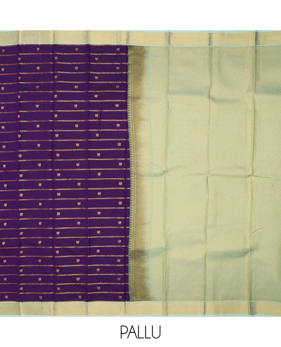 Violet striped and peacock buttas gift saree, contrast traditional zari design border, and jaal pallu
