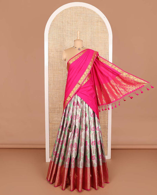 Multi-color art silk half saree material , jacquard with contrast traditional zari bordered skirt, contrast jacquard blouse, and intricate dhavani