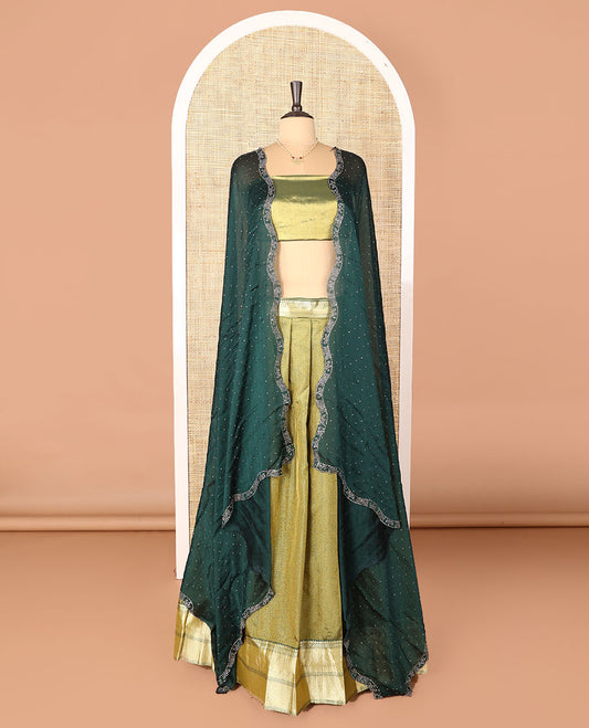 Green art-silk half-saree, plain with contrast bordered skirt, contrast blouse, and a scallop stone work dhavani