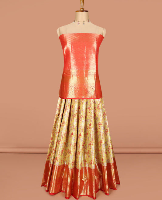Yellow art silk half saree, floral jacquard with contrast traditional zari manga border skirt, jacquard contrast blouse and zari woven dhavani