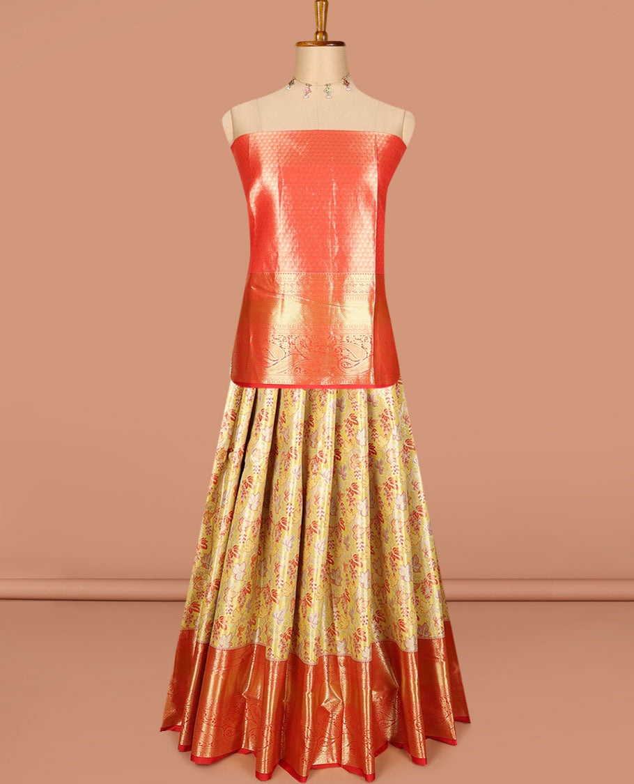 Yellow art silk half saree, floral jacquard with contrast traditional zari manga border skirt, jacquard contrast blouse and zari woven dhavani