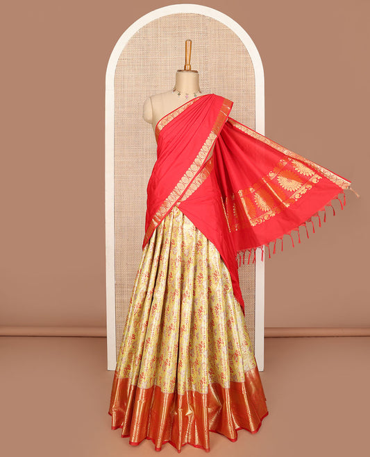 Yellow art silk half saree, floral jacquard with contrast traditional zari manga border skirt, jacquard contrast blouse and zari woven dhavani