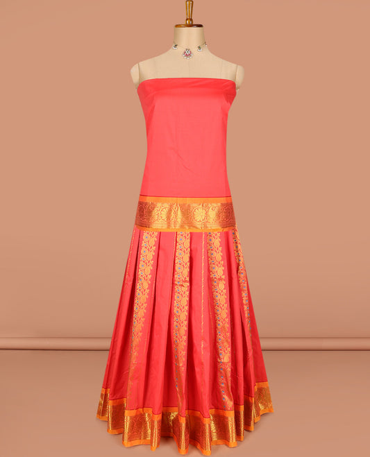 Red art silk half-saree pavadai material, zari design with contrast traditional bordered skirt, matching blouse, and zari design dhavani