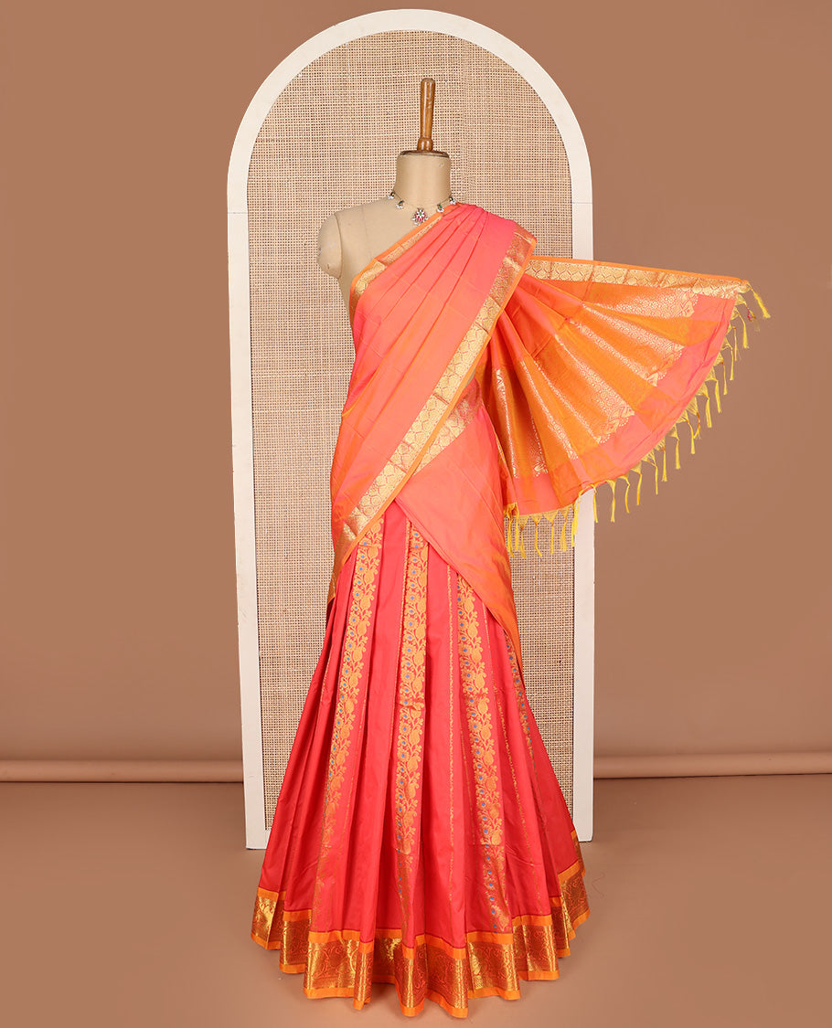 Red art silk half-saree pavadai material, zari design with contrast traditional bordered skirt, matching blouse, and zari design dhavani