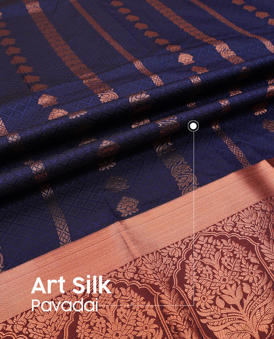 Navy blue art silk pavadai set, embossed, zari design and contrast traditional zari bordered skirt and a contrast dual-toned zari border blouse
