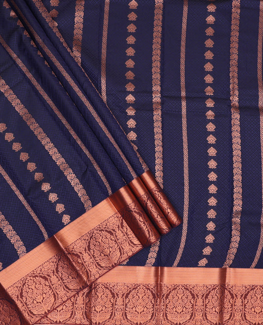 Navy blue art silk pavadai set, embossed, zari design and contrast traditional zari bordered skirt and a contrast dual-toned zari border blouse