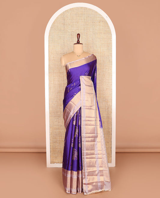 Violet zari buttas budget silk saree, contrast varisai pettu traditional zari design border, and jaal pallu