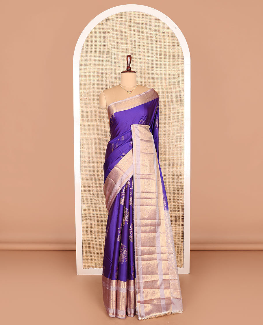 Violet zari buttas budget silk saree, contrast varisai pettu traditional zari design border, and jaal pallu