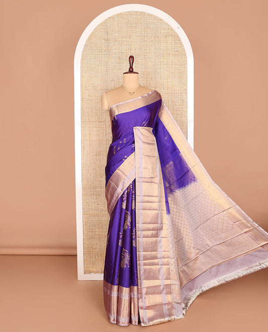 Violet zari buttas budget silk saree, contrast varisai pettu traditional zari design border, and jaal pallu