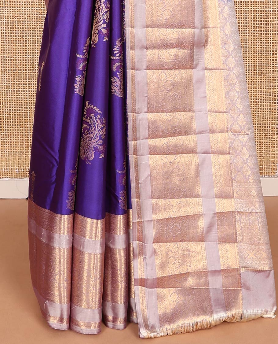 Violet zari buttas budget silk saree, contrast varisai pettu traditional zari design border, and jaal pallu