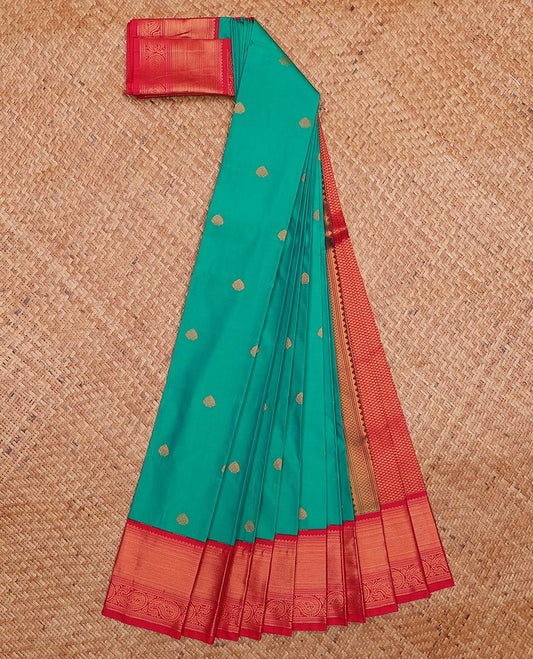 Green zari buttas gift saree, contrast traditional zari design border, and jaal pallu