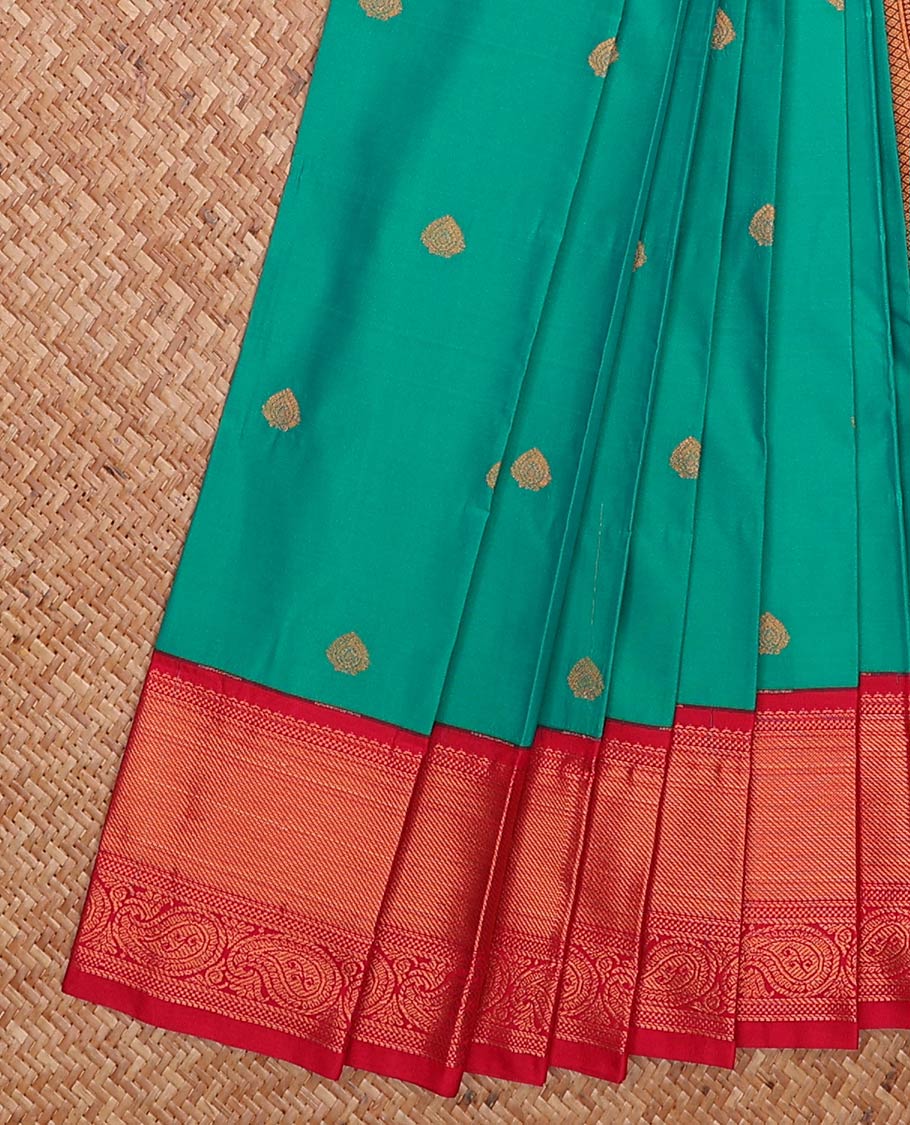 Green zari buttas gift saree, contrast traditional zari design border, and jaal pallu