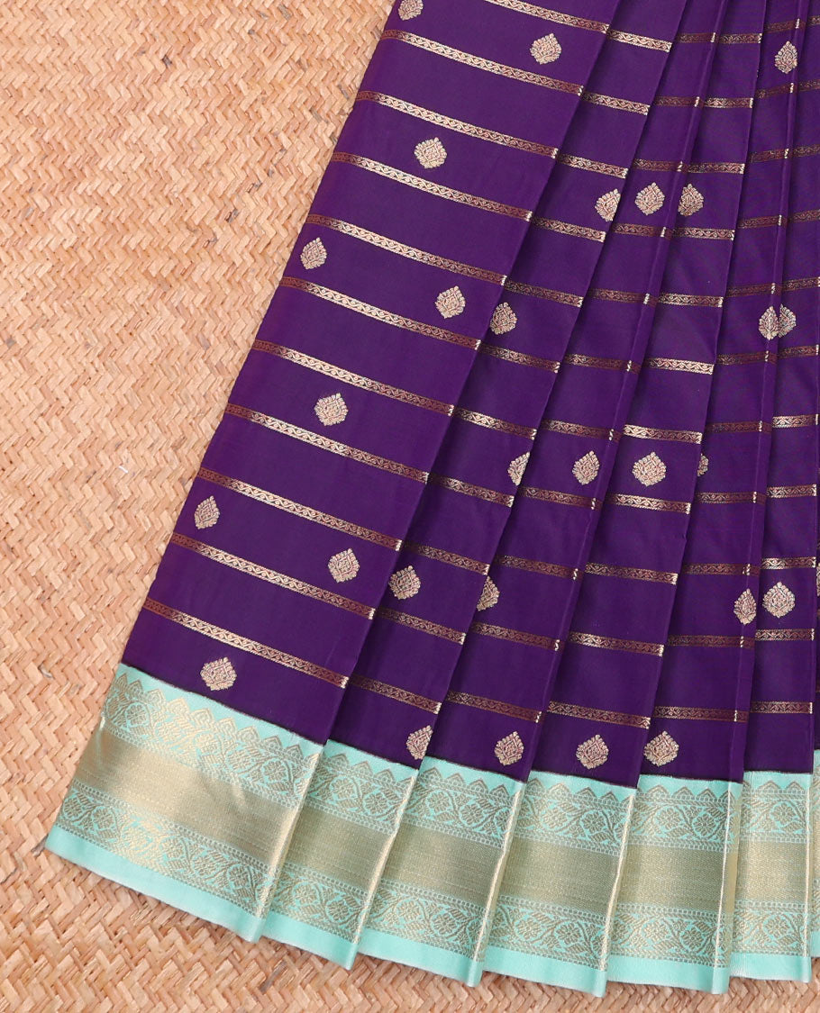 Purple Budget Silk Saree Detailed with Zari Buttas and Neli Stripes, Featuring a Contrast Traditional Zari-Designed Border, a Subtly Zari-Woven Jaal Pallu, Paired with a Contrast Blouse