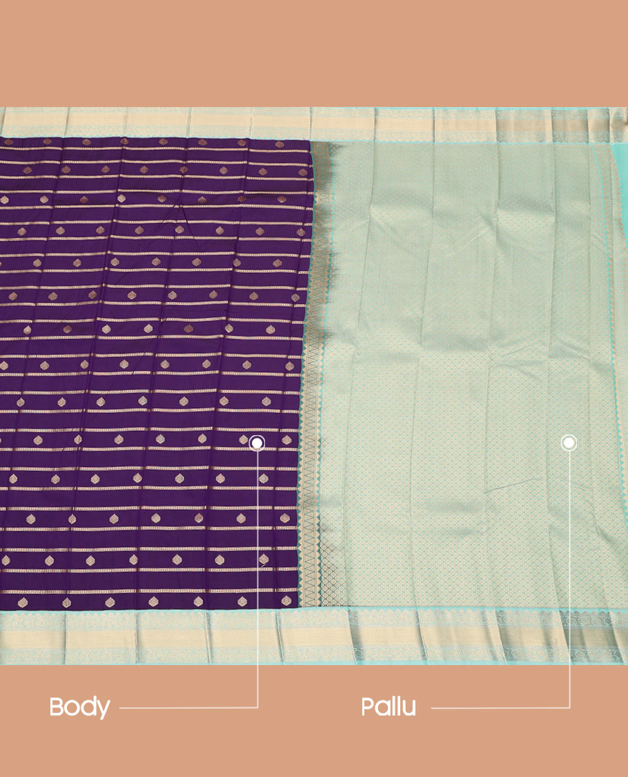 Purple Budget Silk Saree Detailed with Zari Buttas and Neli Stripes, Featuring a Contrast Traditional Zari-Designed Border, a Subtly Zari-Woven Jaal Pallu, Paired with a Contrast Blouse