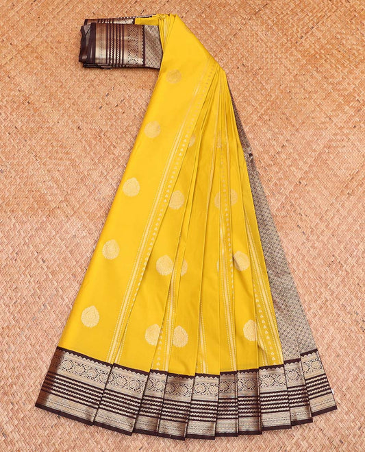 Yellow Budget Silk Saree, Subtly Sparkled with Zari Designs All Over Its Body, Complemented by a Contrast Traditional Zari Design Border, Grand Jaal Pallu, and Paired with a Contrast Blouse