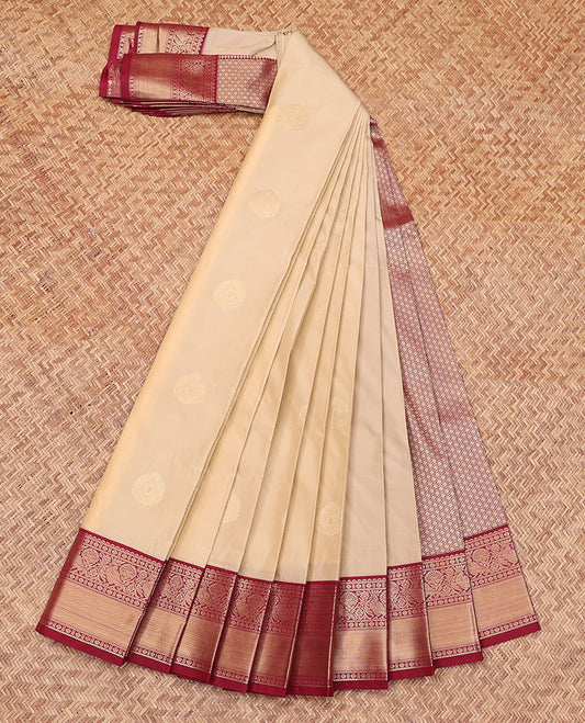 Sandal Budget Silk Saree, Subtly Sparkled with Zari Buttas All Over Its Body, Complemented by a Contrast Traditional Zari Design Border, Grand Jaal Pallu, and Paired with a Contrast Blouse