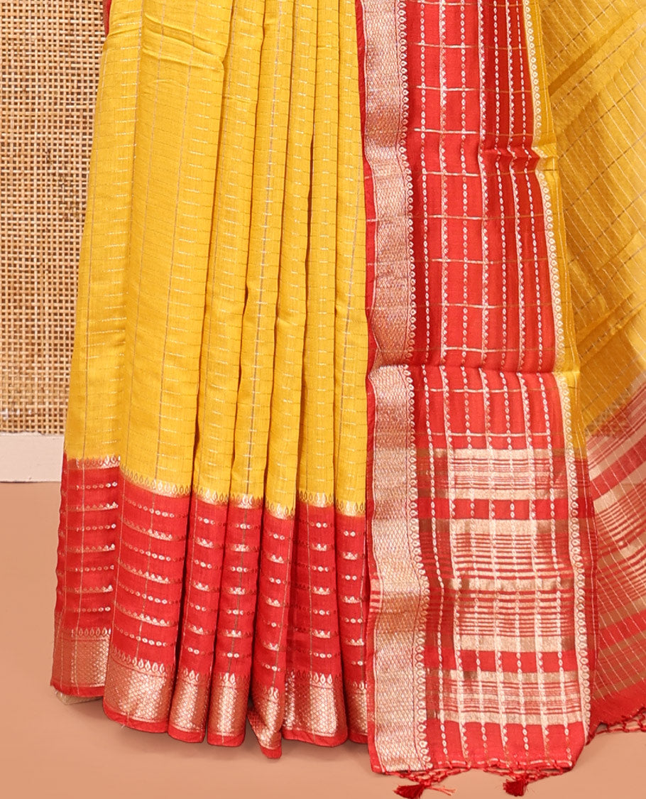 Yellow Assam Silk Saree, Highlighted by Zari Checks, Complemented by Contrast Traditional Border, Zari Striped Pallu, and a Contrast Blouse