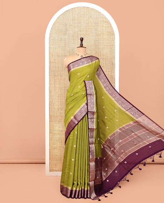 Green Assam Silk Saree, Woven with Checks, Complemented by Contrast Traditional Design Border, Zari-Design Pallu, and a Contrast Blouse