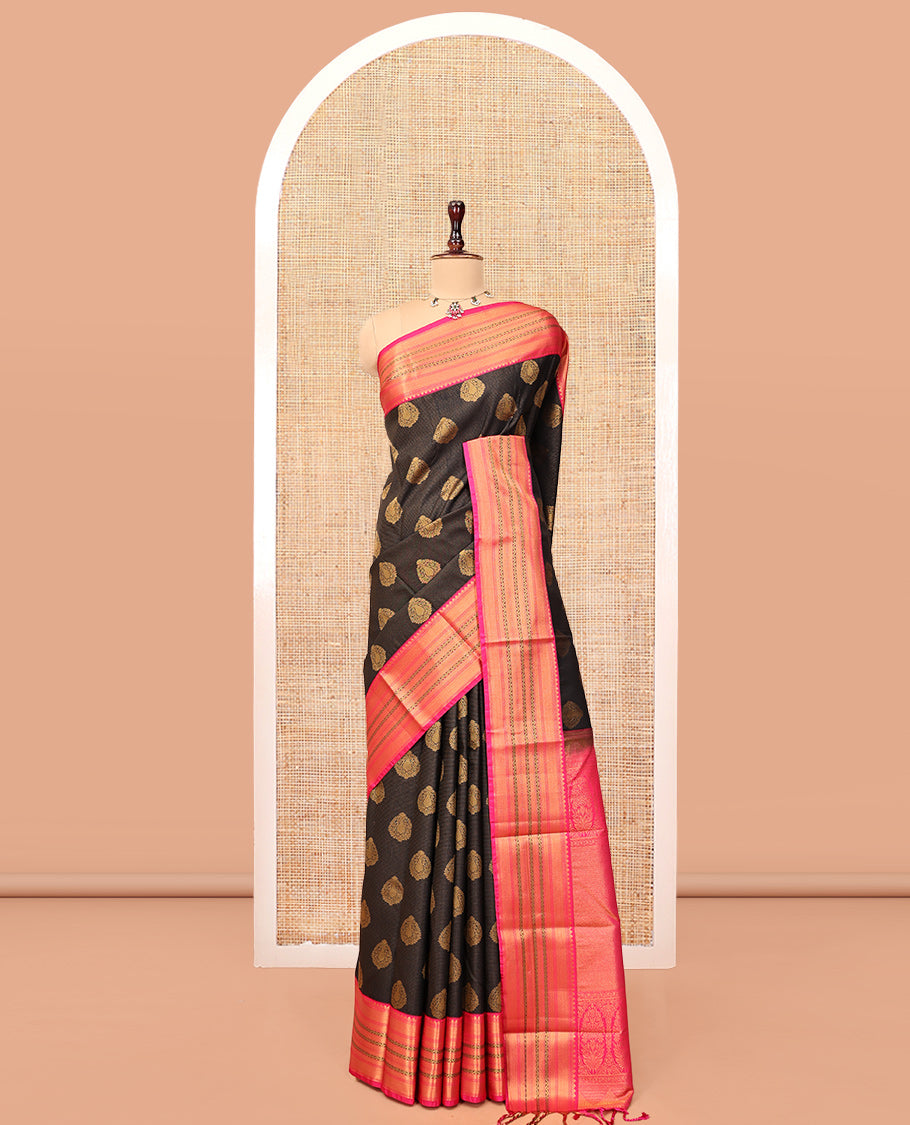 Brown Budget Silk Saree, Beautifully Bedecked with Stripes and Buttas, Contrast Traditional Zari Border, Grand Pallu, and a Contrast Blouse