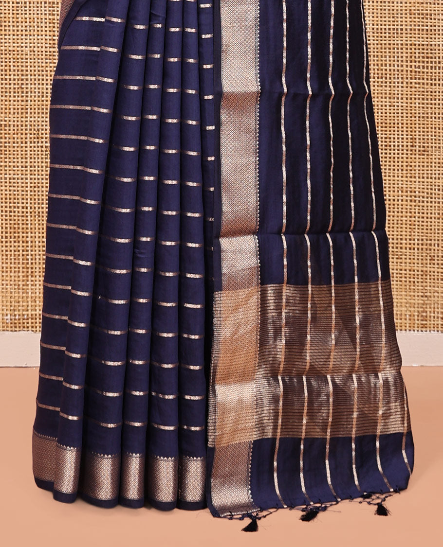 Blue Assam Silk Saree, Gleamed Up with Zari Stripes, Highlighted by a Traditional Zari Border, Gleaming Zari-Striped Pallu, and a Matching Blouse