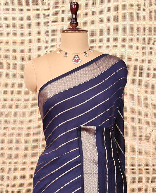 Blue Assam Silk Saree, Gleamed Up with Zari Stripes, Highlighted by a Traditional Zari Border, Gleaming Zari-Striped Pallu, and a Matching Blouse