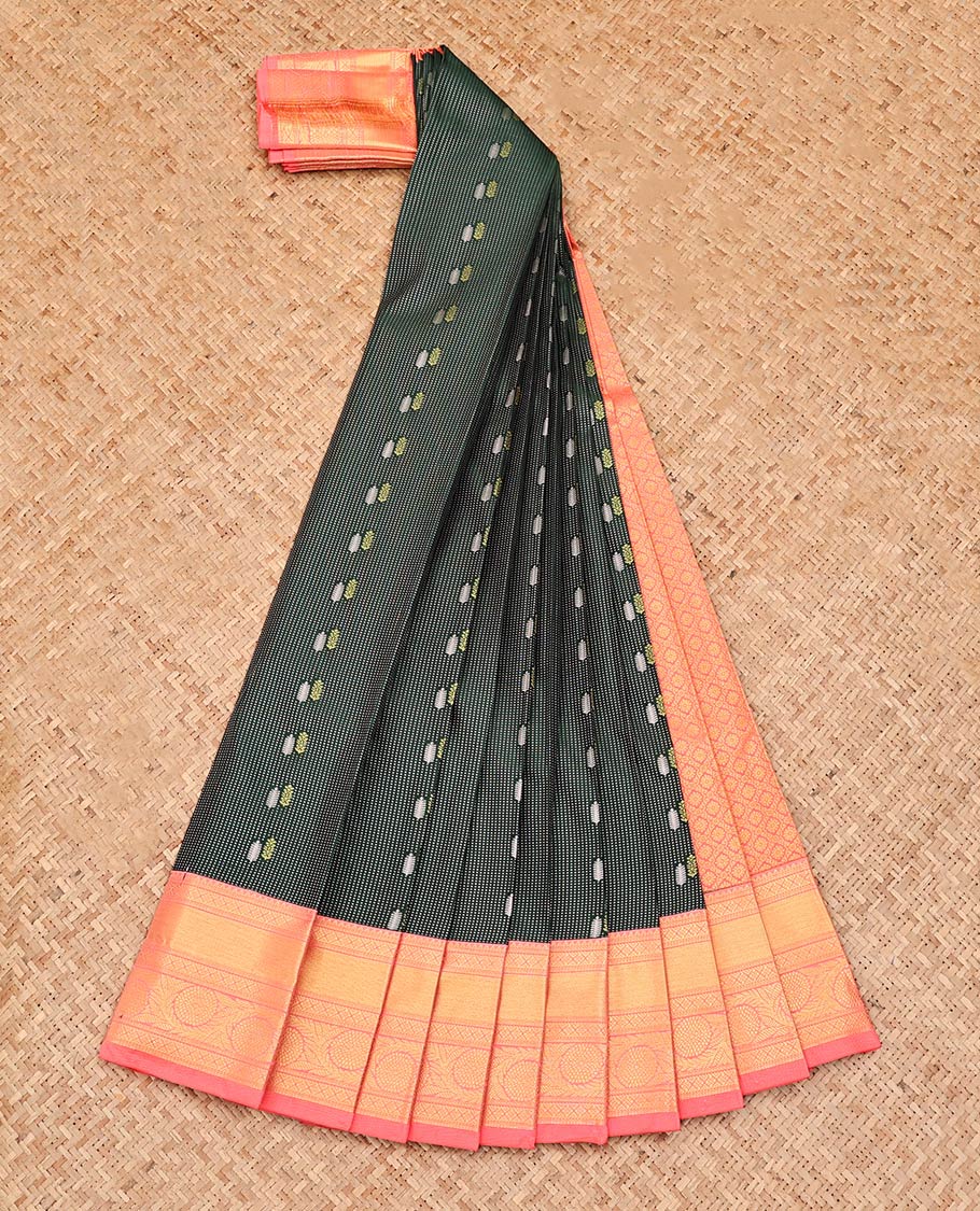 Green Budget Silk Saree, Crafted with Zari Buttas, Contrast Traditional Zari Border, Grand Jaal Pallu, and a Contrast Blouse