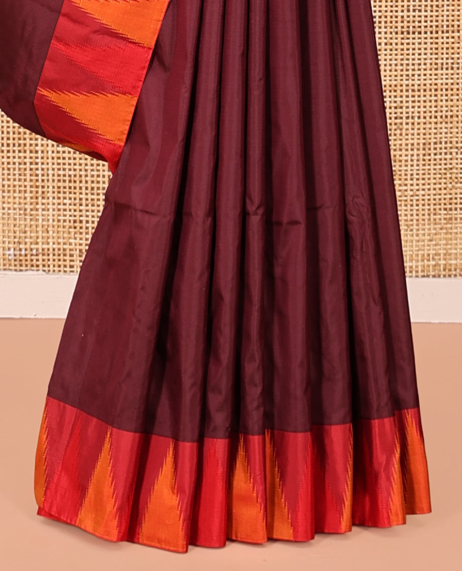 Maroon Plain Bangalore Silk Saree, Complemented by a Contrast Temple Border, Pallu of Stripes, and a Contrast Blouse