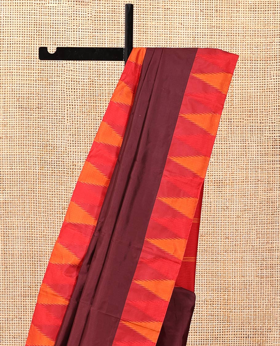 Maroon Plain Bangalore Silk Saree, Complemented by a Contrast Temple Border, Pallu of Stripes, and a Contrast Blouse