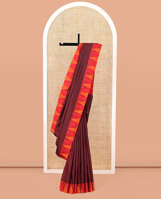 Maroon Plain Bangalore Silk Saree, Complemented by a Contrast Temple Border, Pallu of Stripes, and a Contrast Blouse