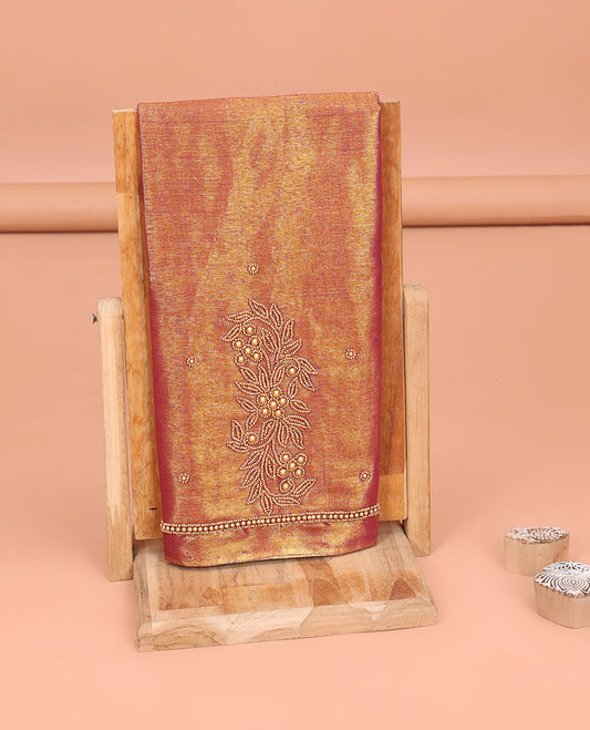 Gleaming Orange Aari Material Blouse Decorated with Floral Design in Beads Embroidery