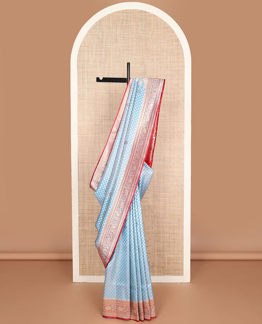 Blue argyle design semi banaras nylon with contrast zari design border & floral design pallu