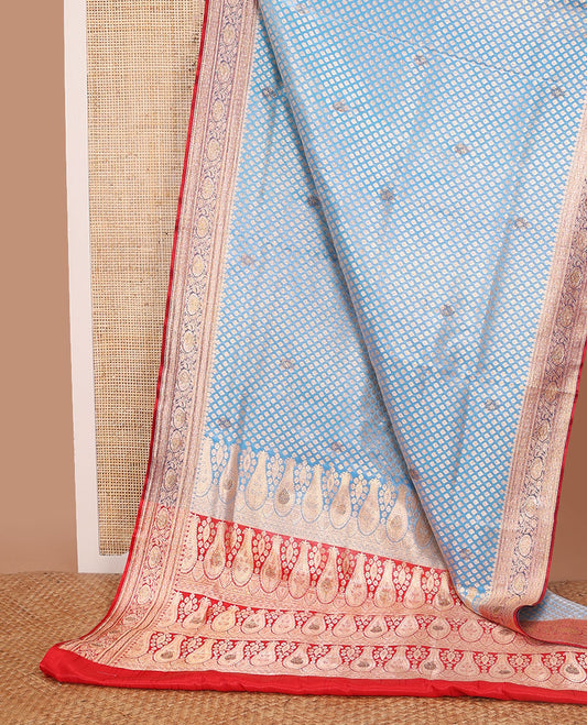 Blue argyle design semi banaras nylon with contrast zari design border & floral design pallu