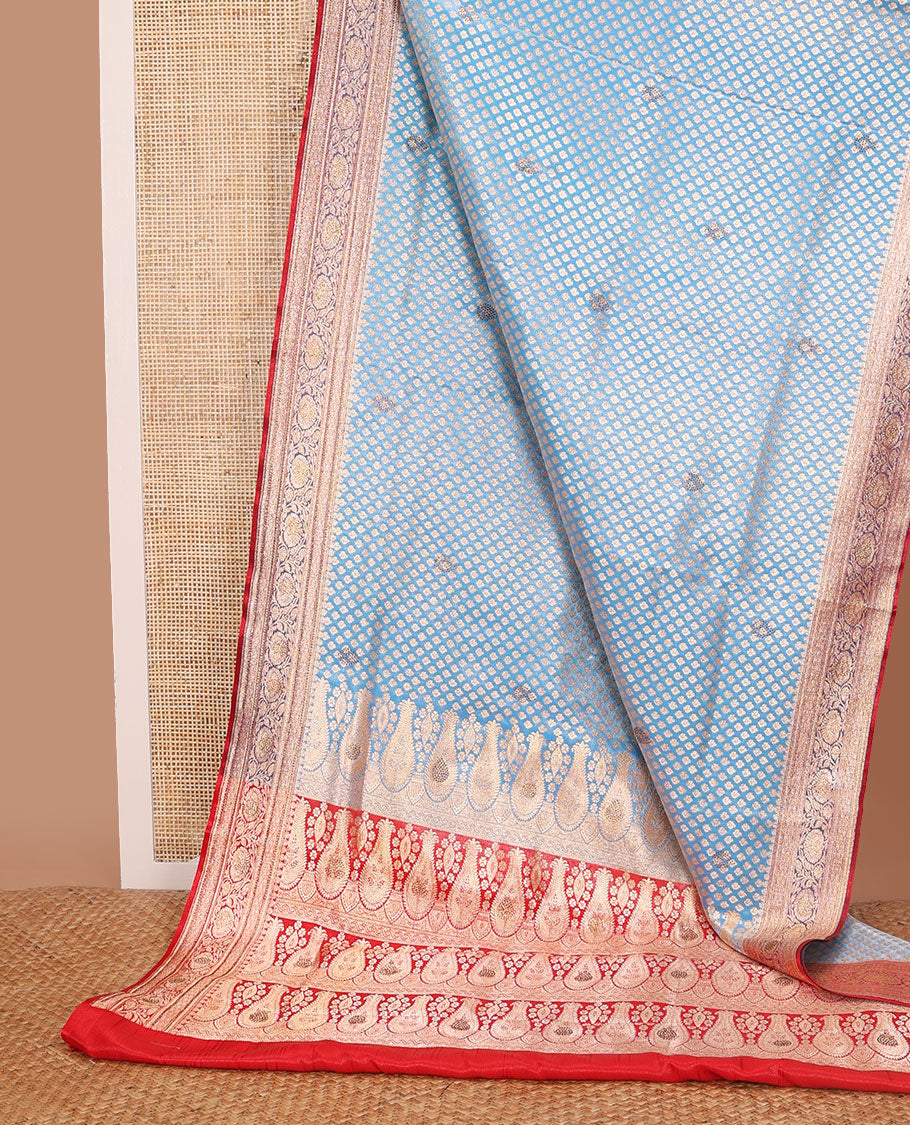 Blue argyle design semi banaras nylon with contrast zari design border & floral design pallu